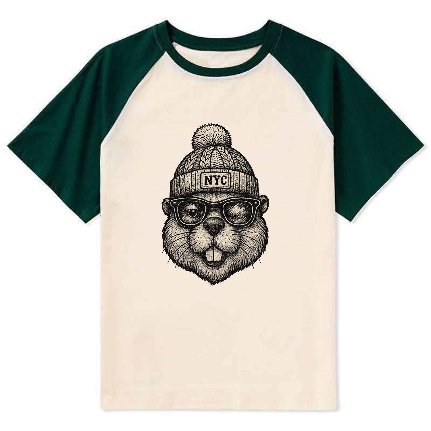 New York Beaver wearing NYC beanie with pom pom and wayfarer sunglasses - Contrast Raglan T-shirt - Green
