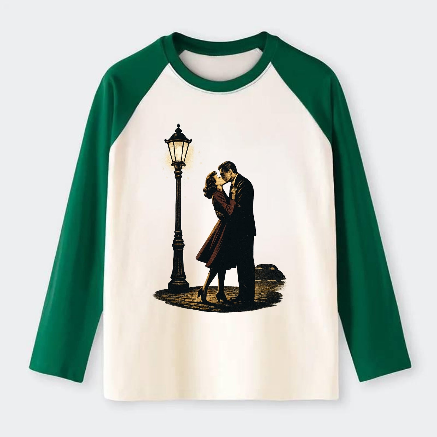 first kiss under vintage street lamp on cobblestone at night - Raglan Long Sleeve T-Shirt - Green