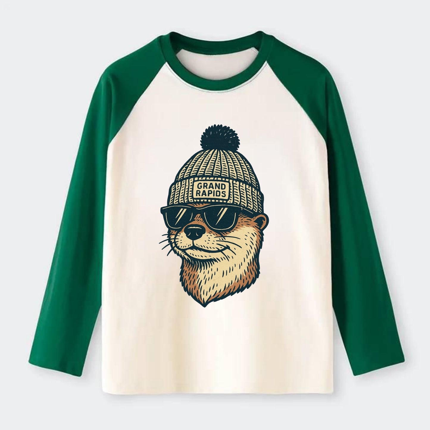 Grand Rapids River Otter wearing Grand Rapids beanie with pom pom and - Raglan Long Sleeve T-Shirt - Green