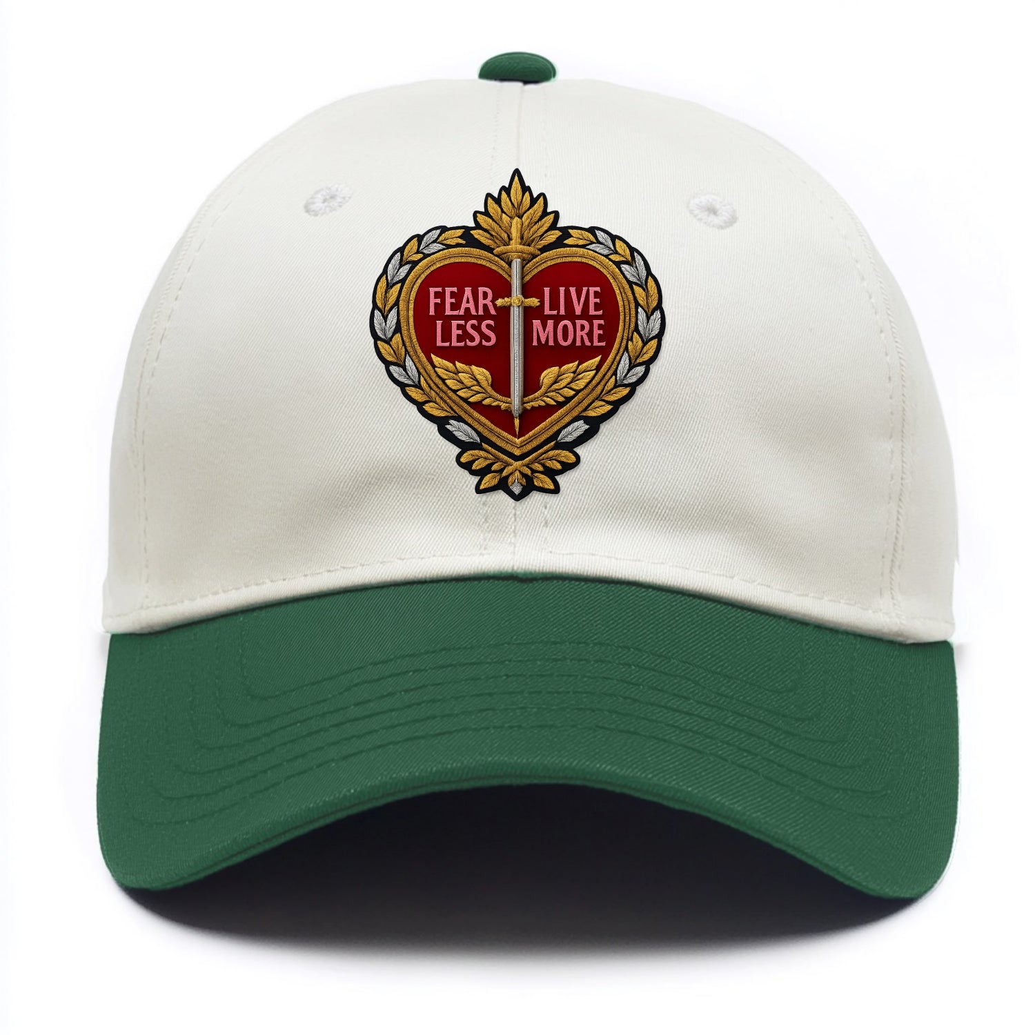 FEAR LESS LIVE MORE - heart with text in red , courage - Two Tone Cap - Green