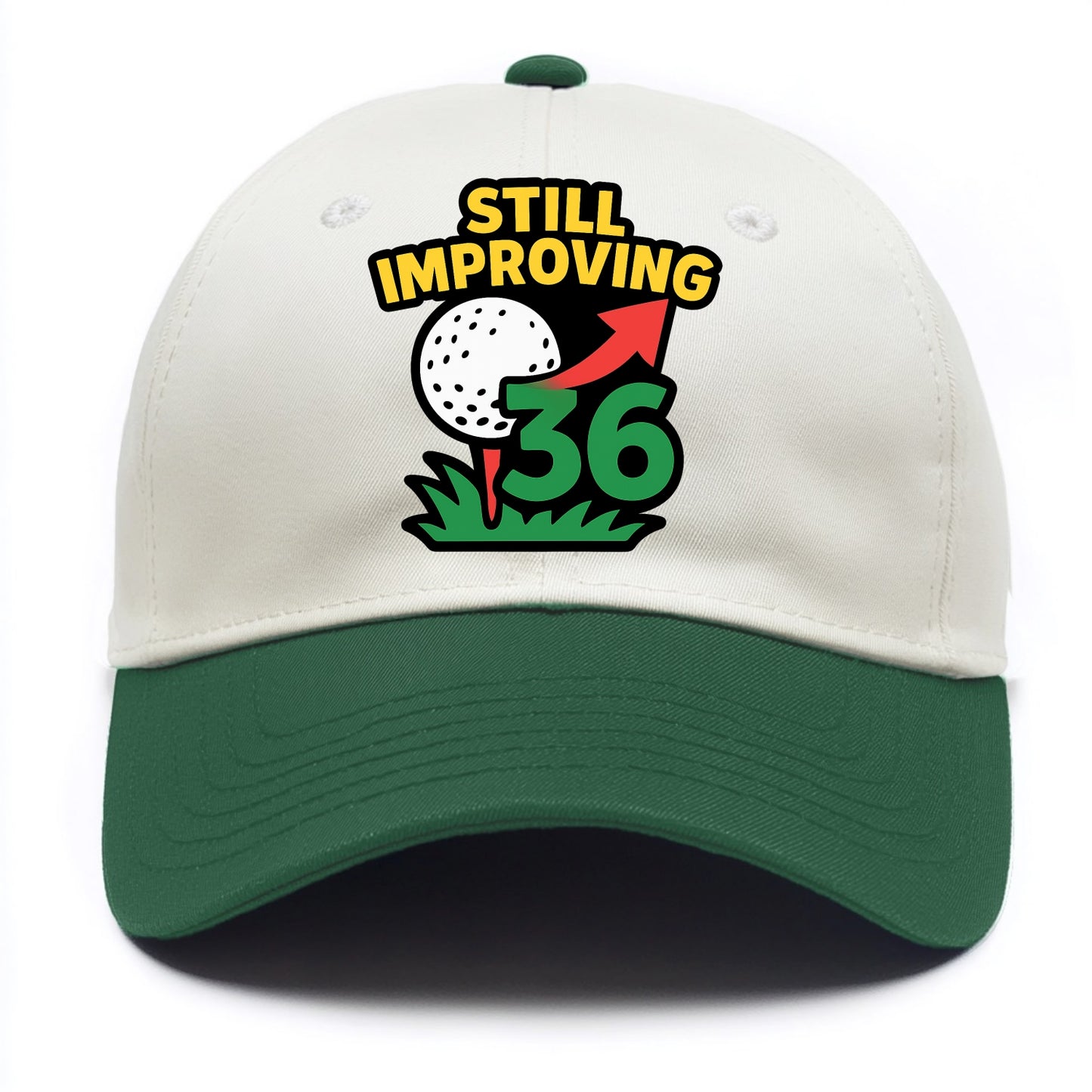Handicap number getting higher with arrow - "Still Improving" - optimistic handicap - Two Tone Cap - Green