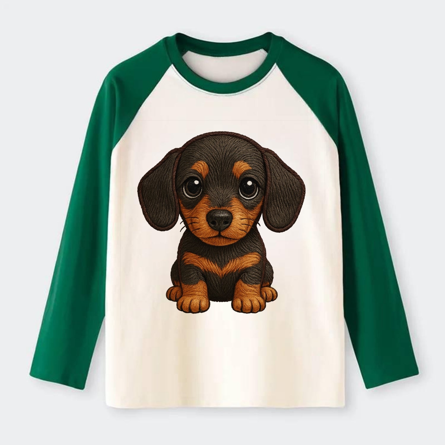 Baby Dachshund Puppy - long body, short legs, floppy ears, curious - Raglan Long Sleeve T-Shirt - Green