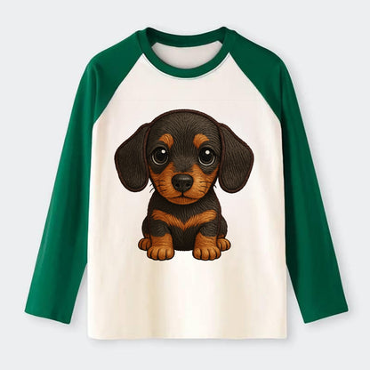 Baby Dachshund Puppy - long body, short legs, floppy ears, curious - Raglan Long Sleeve T-Shirt - Green