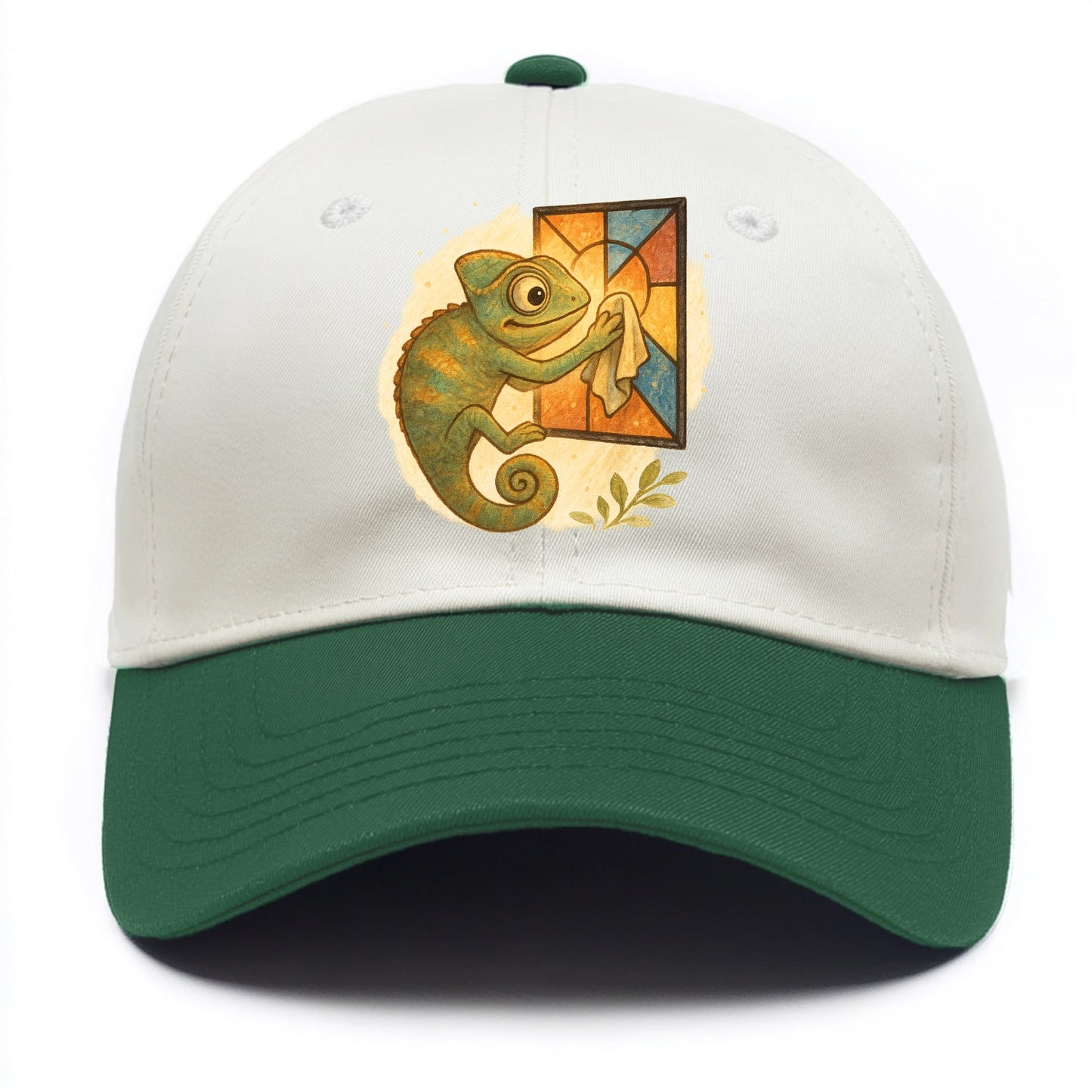 Chameleon blending into a stained-glass window it is polishing with delicate cloths - Two Tone Cap - Green