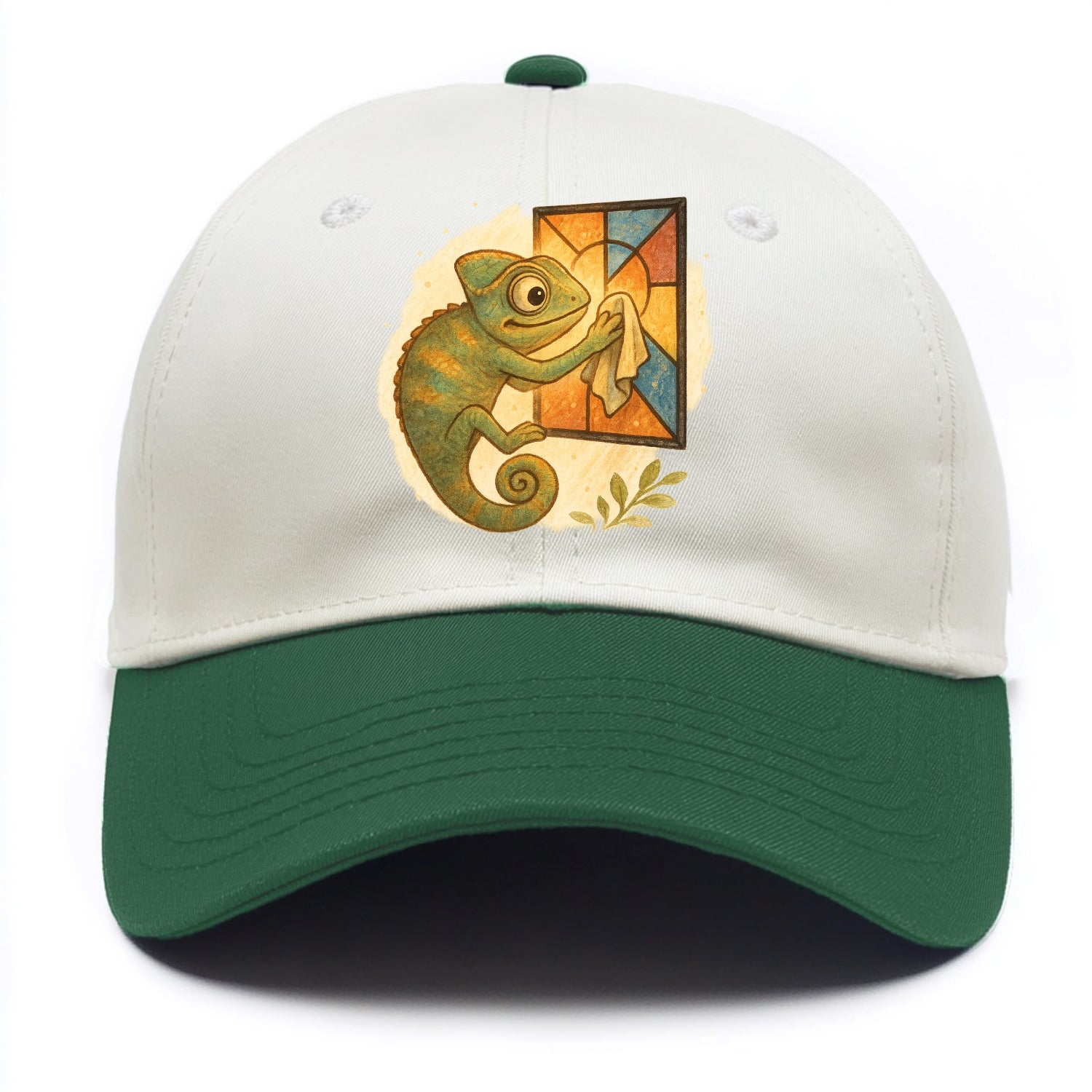 Chameleon blending into a stained-glass window it is polishing with delicate cloths - Two Tone Cap - Green