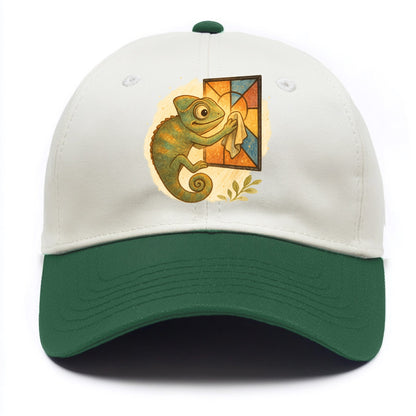 Chameleon blending into a stained-glass window it is polishing with delicate cloths - Two Tone Cap - Green