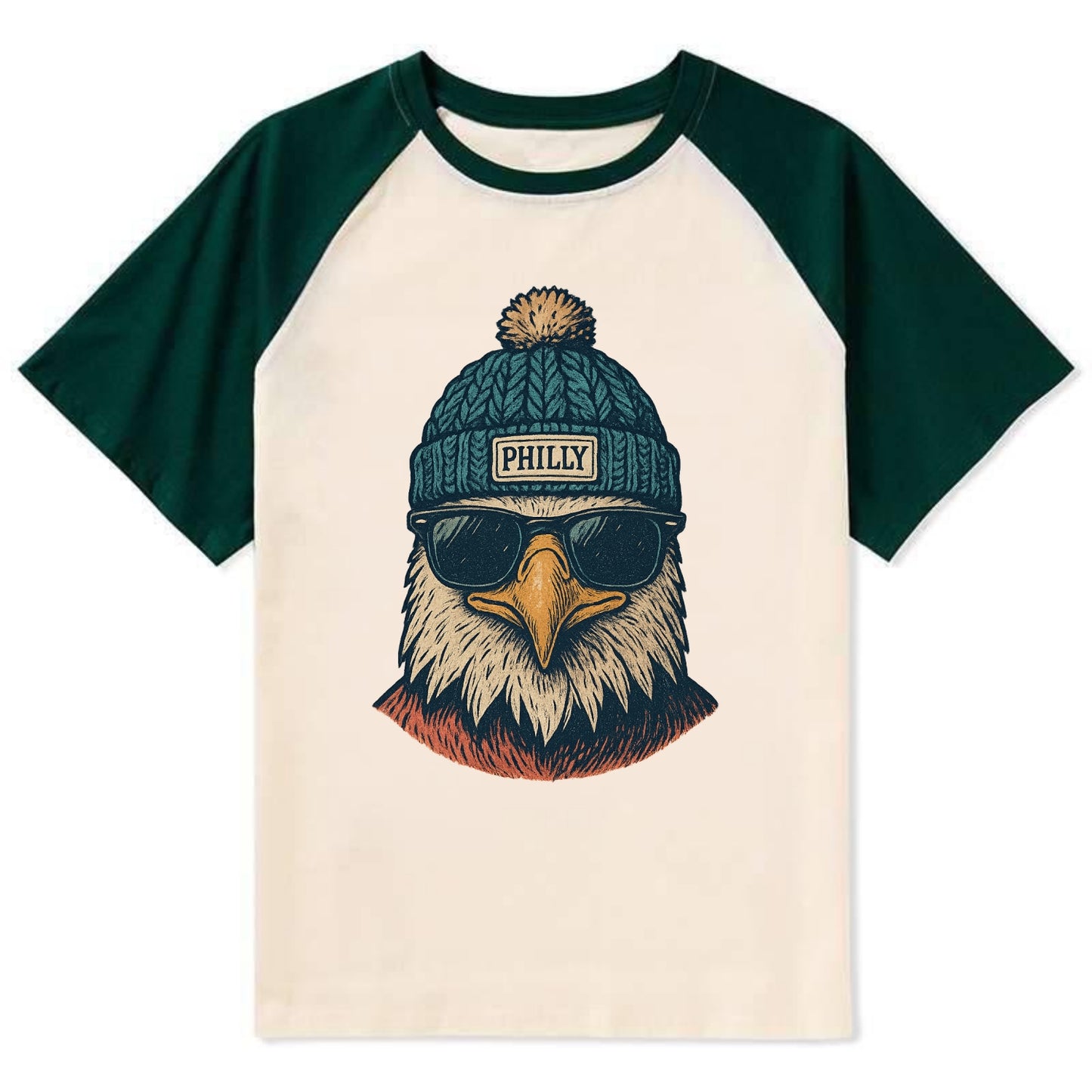 Philadelphia Eagle wearing Philly beanie with pom pom and wayfarer - Contrast Raglan T-shirt - Green