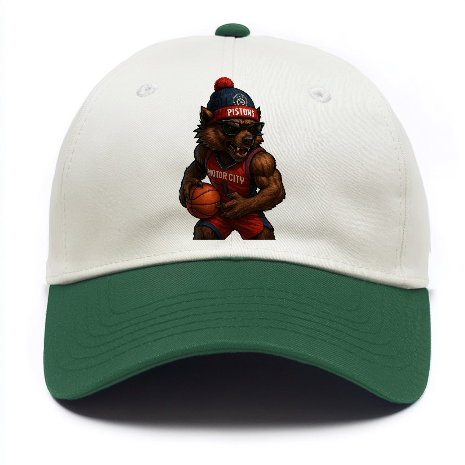 Motor City Wolverine wearing Pistons beanie with gear patch and wayfarer sunglasses - Two Tone Cap - Green