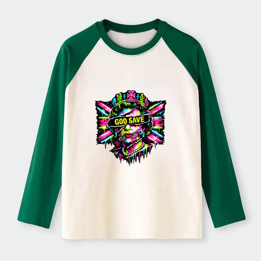 GOD SAVE | Torn royal portrait style | Blackout bar across eyes | - Raglan Long Sleeve T-Shirt - Green