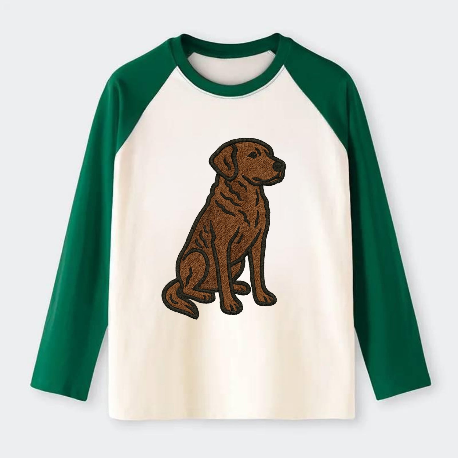Chesapeake Bay Retriever - Brown wavy coat embroidered sitting pose - Raglan Long Sleeve T-Shirt - Green