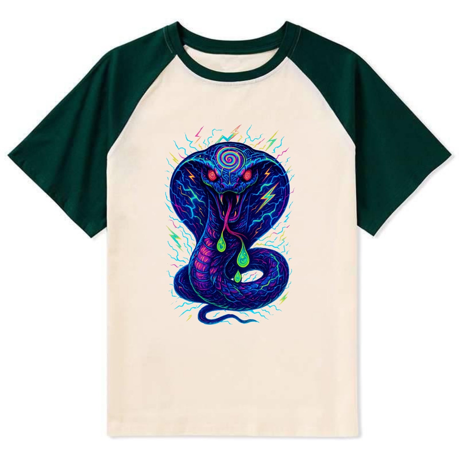 Mesmerizing cobra with hypnotic spiral patterns in the hood, scales that - Contrast Raglan T-shirt - Green