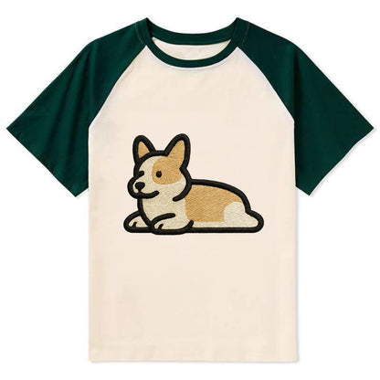 Corgi - Sploot lying position - Contrast Contrast Raglan T-shirt - Green