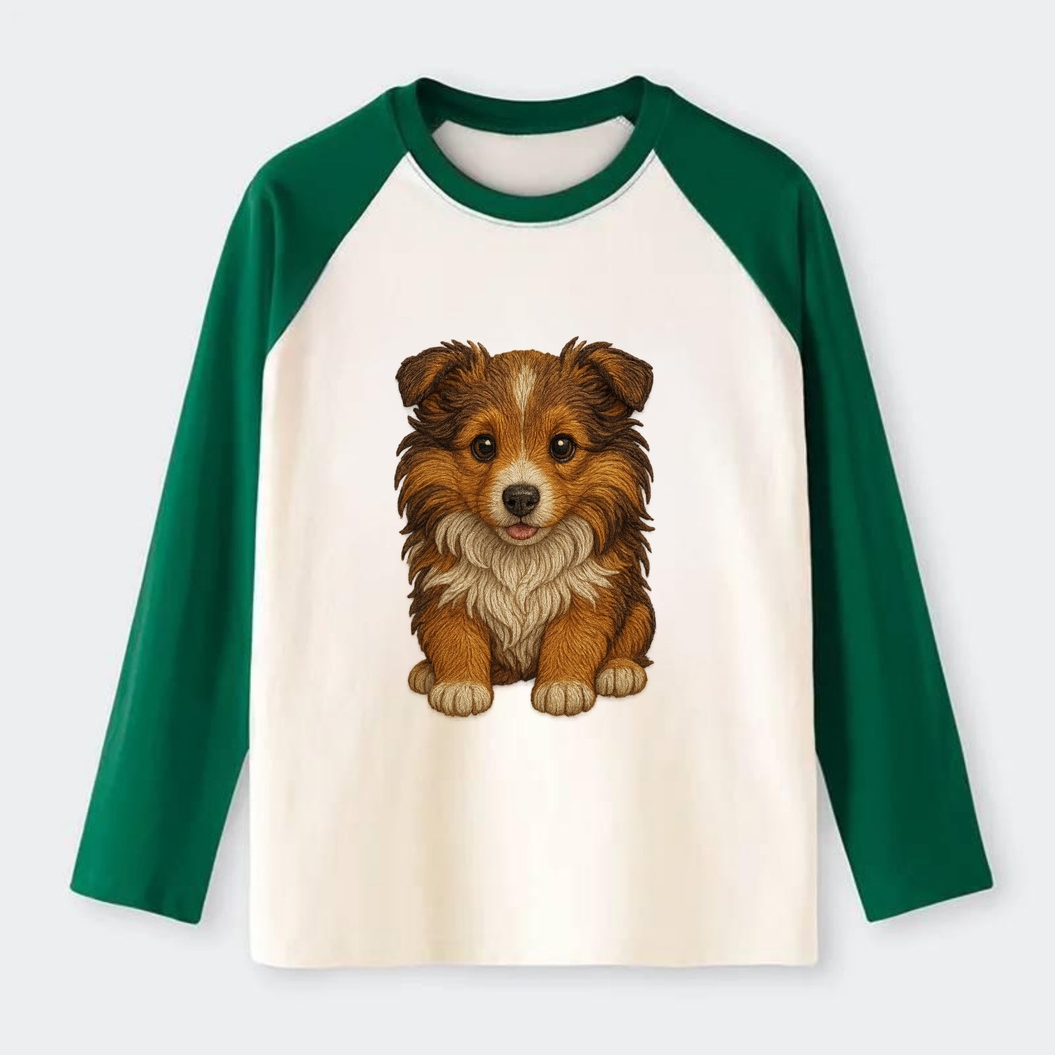 Baby Shetland Sheepdog Puppy - mini collie look, flowing mane, - Raglan Long Sleeve T-Shirt - Green