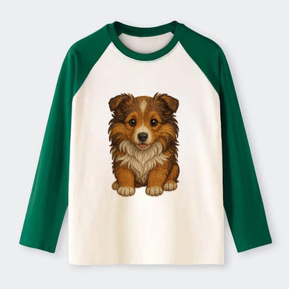 Baby Shetland Sheepdog Puppy - mini collie look, flowing mane, - Raglan Long Sleeve T-Shirt - Green