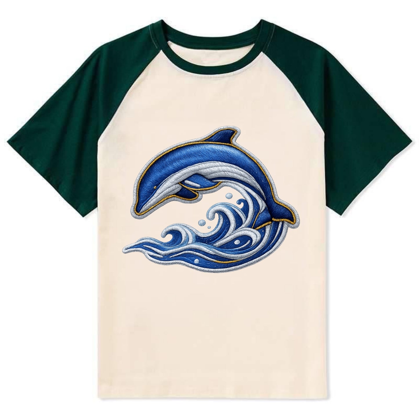 Embroidered patch design - SWIMMING DOLPHIN - diving dolphin with waves - Contrast Raglan T-shirt - Green