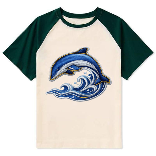 SWIMMING DOLPHIN - diving dolphin with waves - Contrast Raglan T-shirt