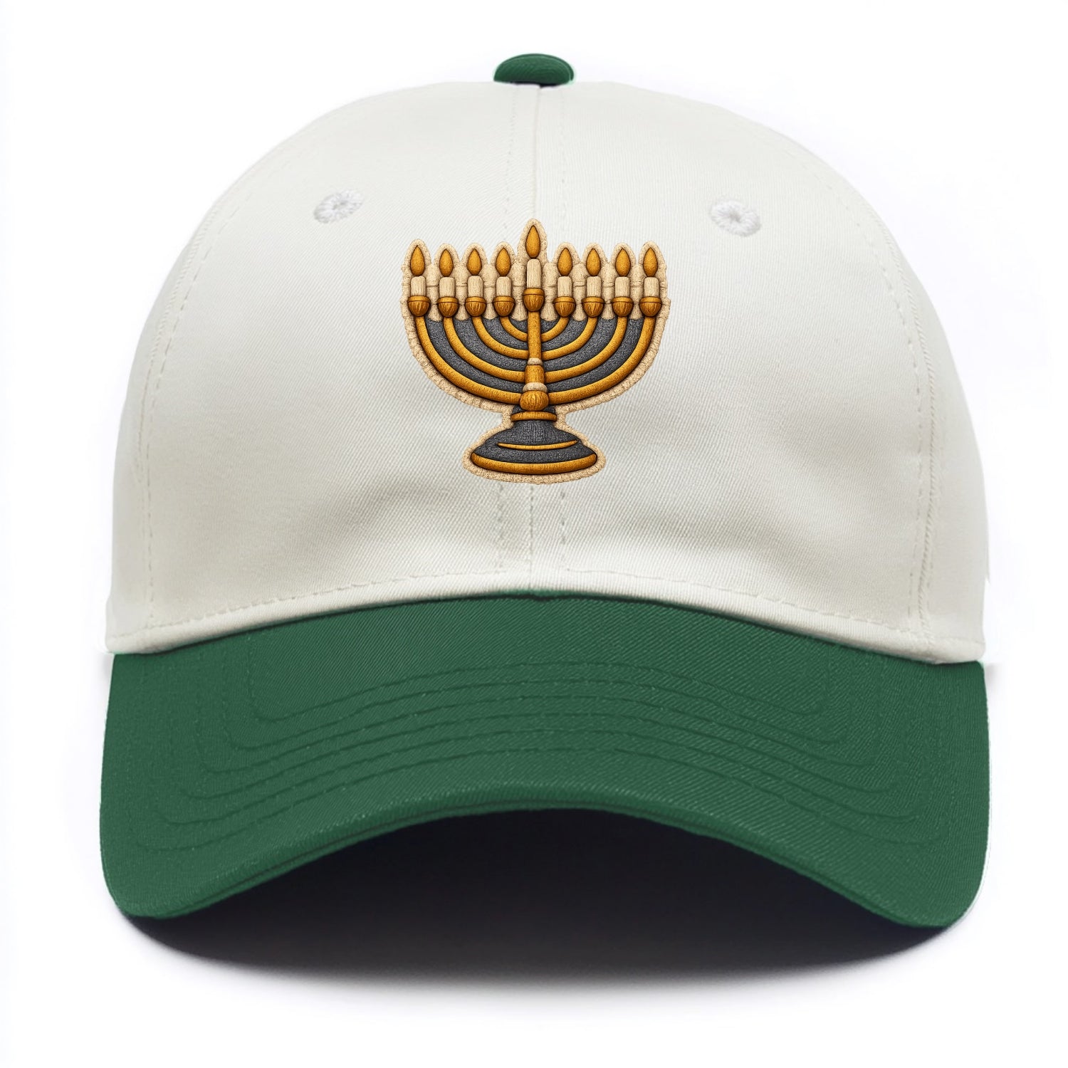 MENORAH LIGHTS - nine branch candelabra in gold and blue , Hanukkah - Two Tone Cap - Green