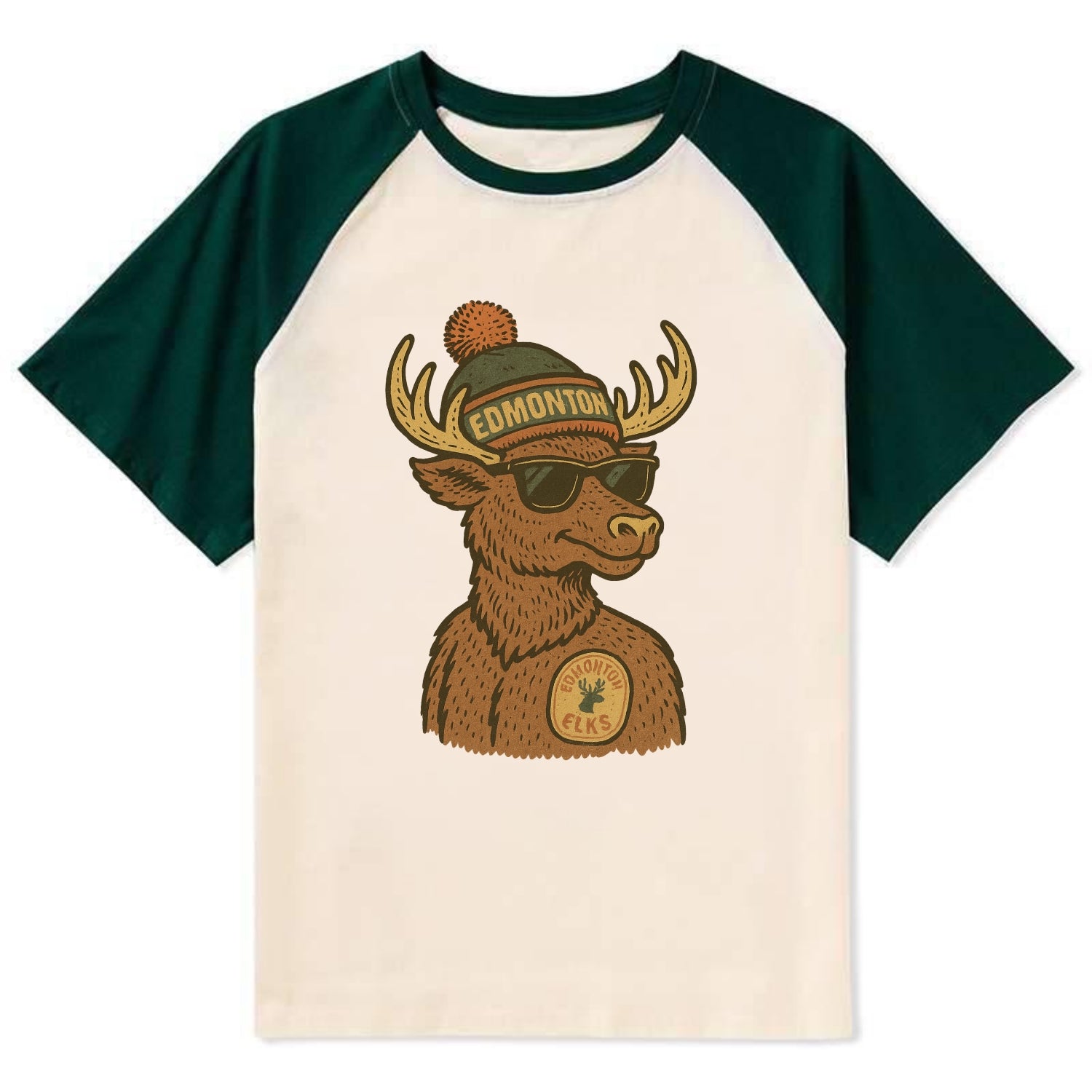 Edmonton Elk wearing Edmonton beanie with pom pom and wayfarer sunglasses - Contrast Raglan T-shirt - Green