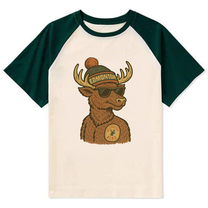 Edmonton Elk wearing Edmonton beanie with pom pom and wayfarer sunglasses - Contrast Raglan T-shirt - Green