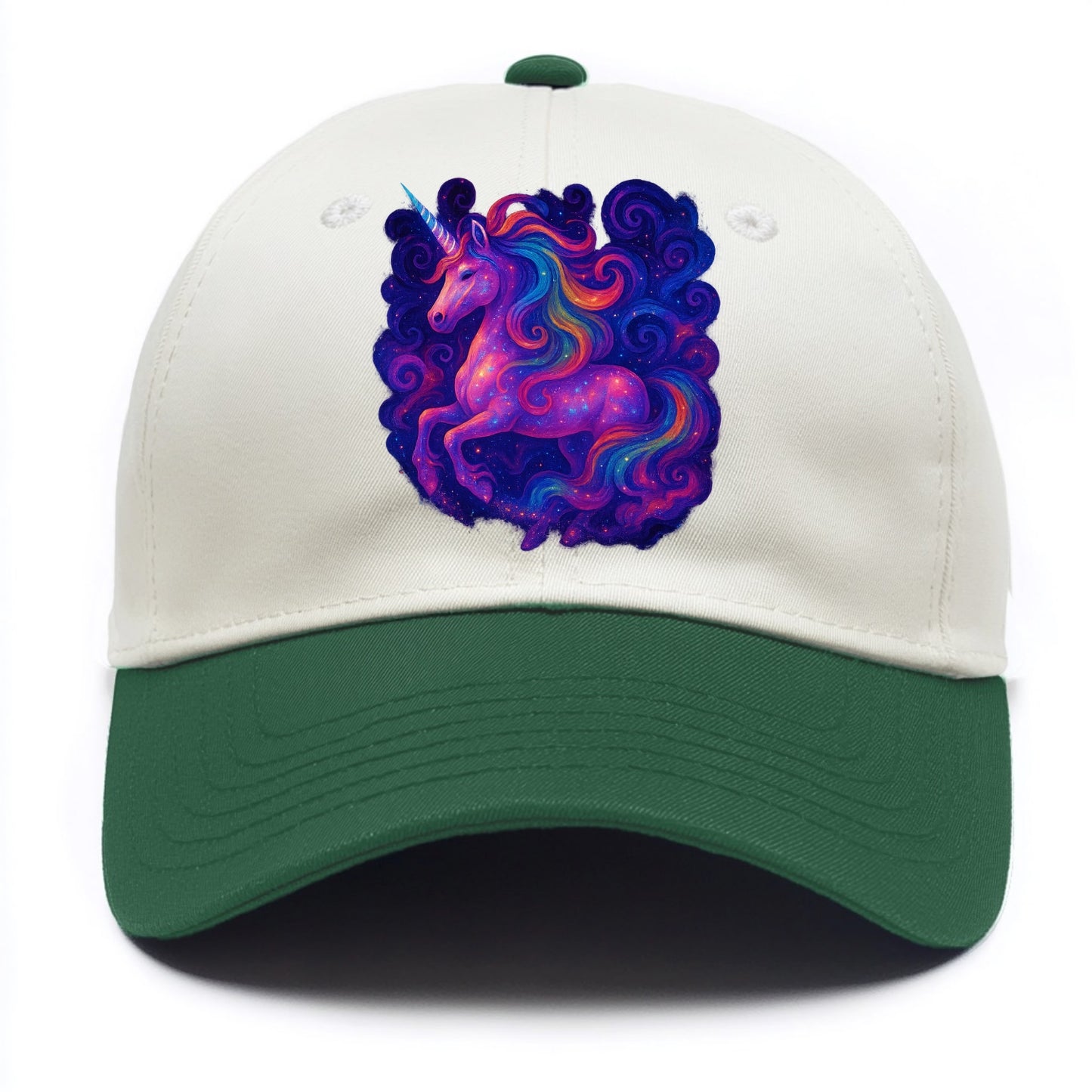 Magical unicorn with flowing rainbow gradient mane, iridescent horn with spiral - Two Tone Cap - Green