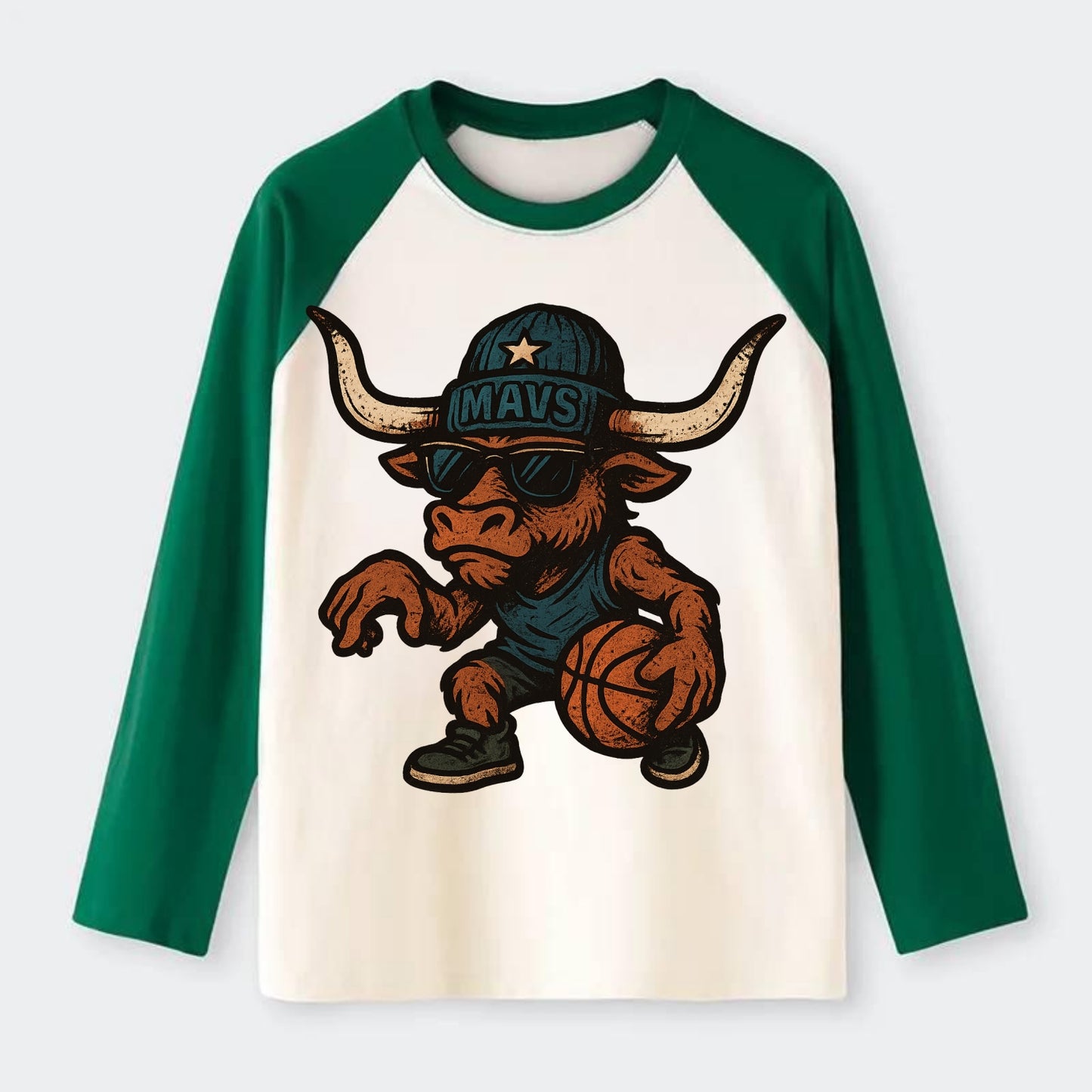 Texas Longhorn wearing Mavs beanie with lone star patch and wayfarer - Raglan Long Sleeve T-Shirt - Green