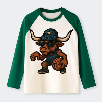 Texas Longhorn wearing Mavs beanie with lone star patch and wayfarer - Raglan Long Sleeve T-Shirt - Green