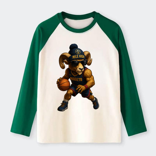 Mile High Bighorn wearing Nuggets beanie with mountain patch and - Raglan Long Sleeve T-Shirt - Green