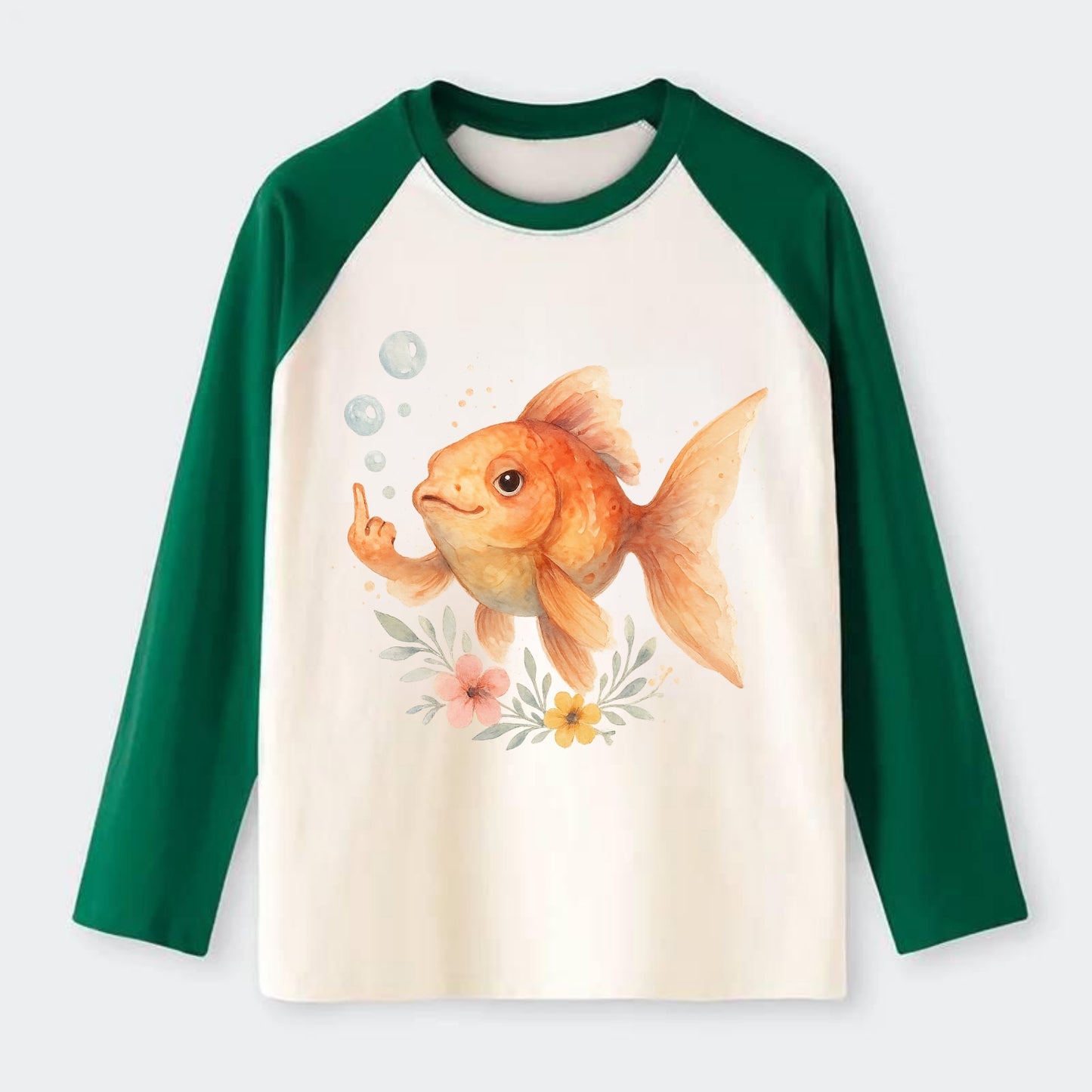 chubby goldfish blowing bubbles, one fin extended like middle finger - Raglan Long Sleeve T-Shirt - Green