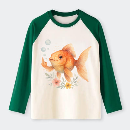 chubby goldfish blowing bubbles, one fin extended like middle finger - Raglan Long Sleeve T-Shirt - Green
