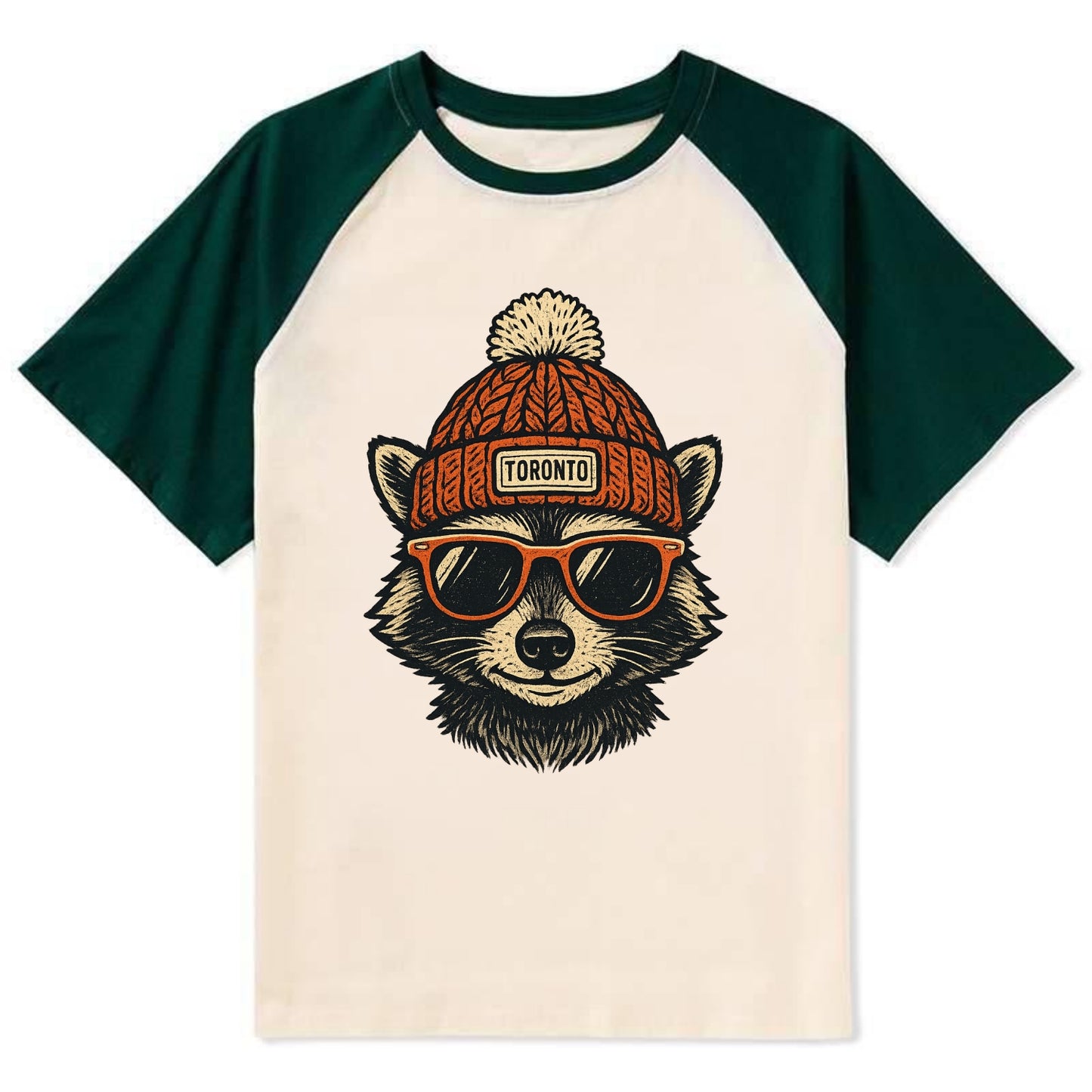 Toronto Raccoon wearing Toronto beanie with pom pom and wayfarer - Contrast Raglan T-shirt - Green