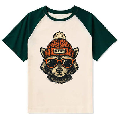 Toronto Raccoon wearing Toronto beanie with pom pom and wayfarer - Contrast Raglan T-shirt - Green