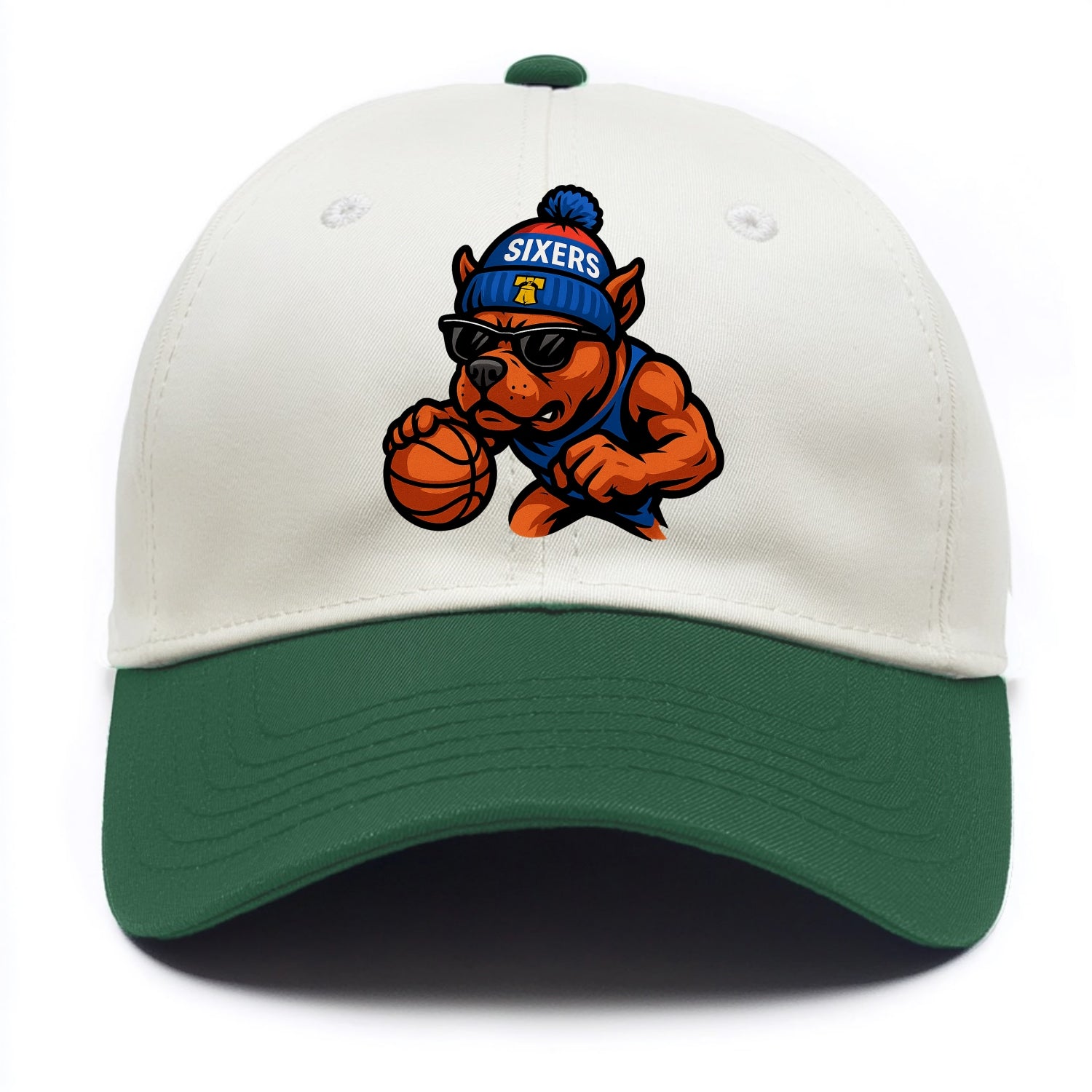 Philly Pitbull wearing Sixers beanie with Liberty Bell and wayfarer sunglasses - Two Tone Cap - Green