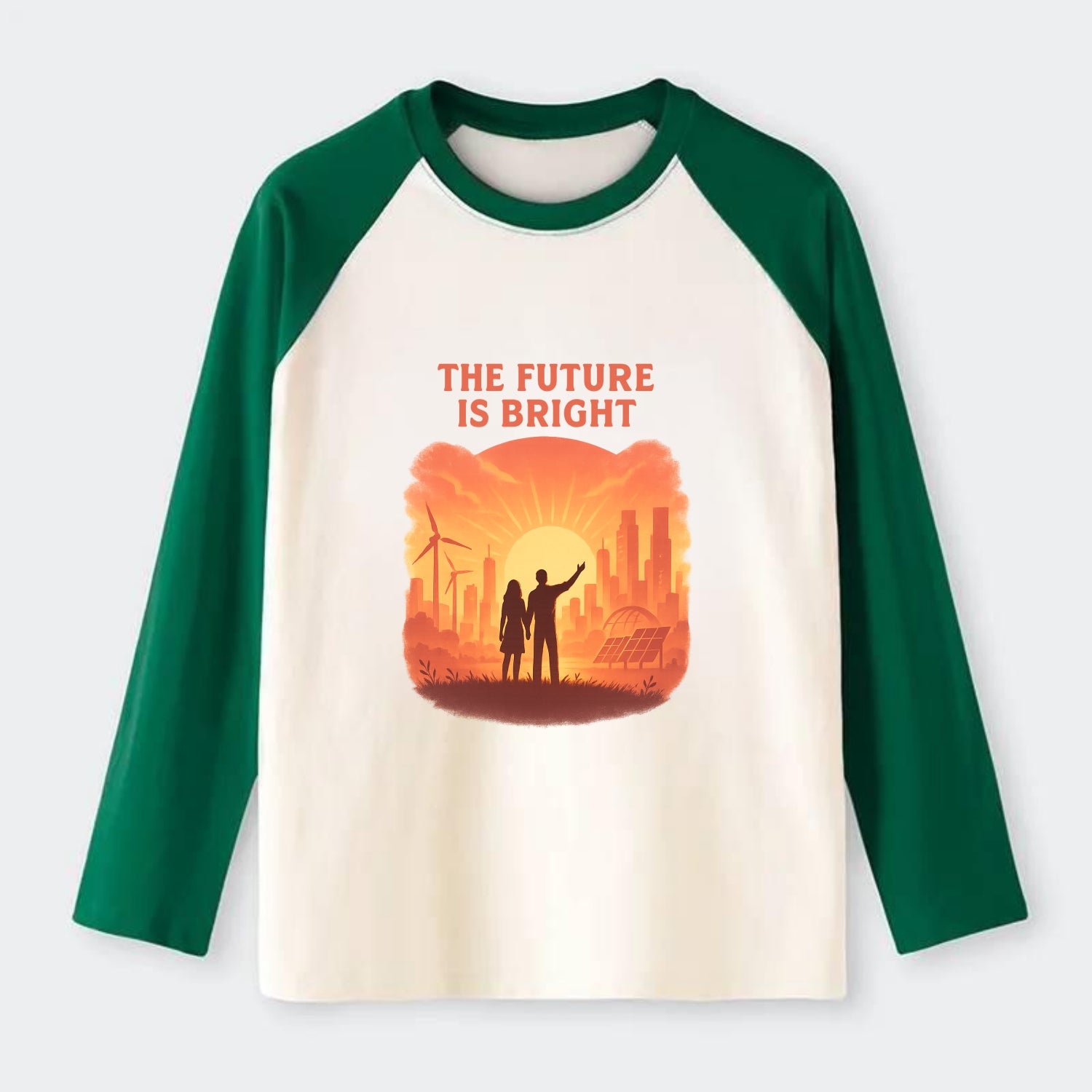 Sunrise over thriving sustainable city - "The Future is Bright" - - Raglan Long Sleeve T-Shirt - Green