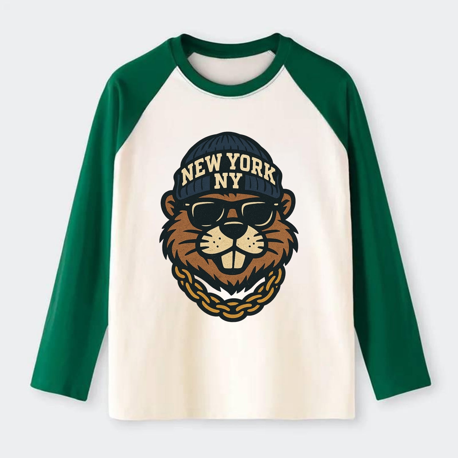 {"animal":"beaver","locationText":"NEW YORK","initials":"NY","beanieCol - Raglan Long Sleeve T-Shirt - Green