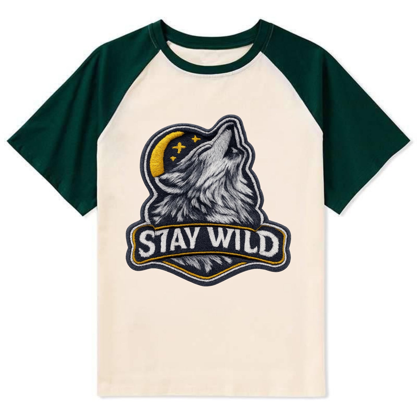 STAY WILD - wolf with text in gray , free spirit - Contrast Raglan T-shirt - Green