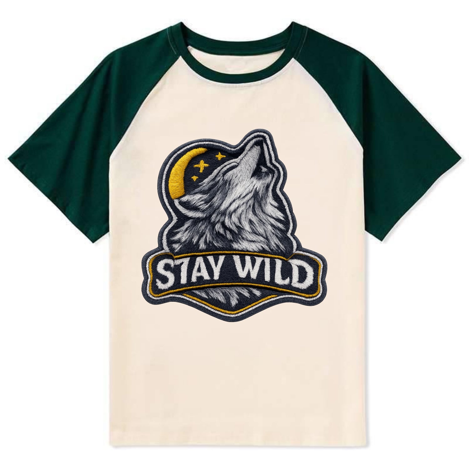 STAY WILD - wolf with text in gray , free spirit - Contrast Raglan T-shirt - Green