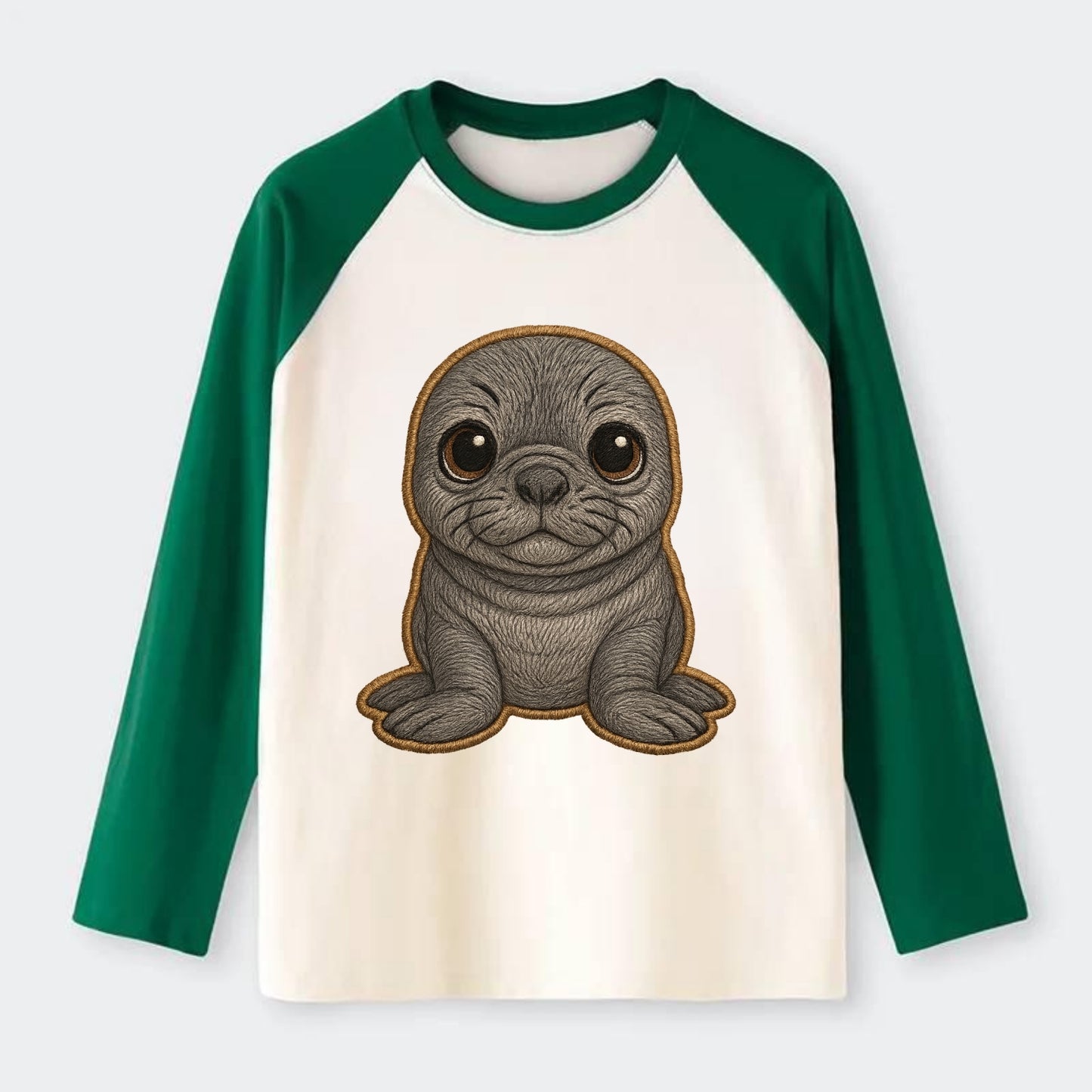 Baby Elephant Seal - gray wrinkly, tiny trunk nose, big dark eyes, - Raglan Long Sleeve T-Shirt - Green