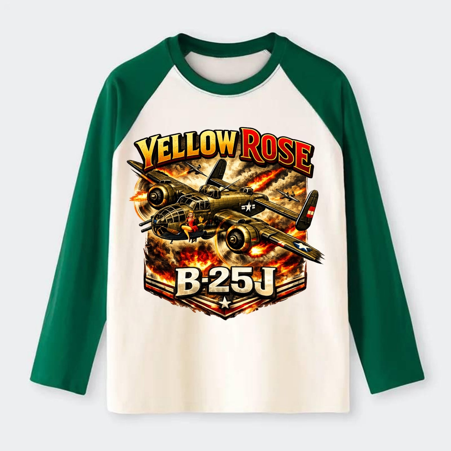 B 25j Yellow Rose - Raglan Long Sleeve T-Shirt - Green
