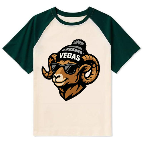 Vegas Desert Bighorn wearing Raiders silver and black beanie with pom pom - Contrast Raglan T-shirt
