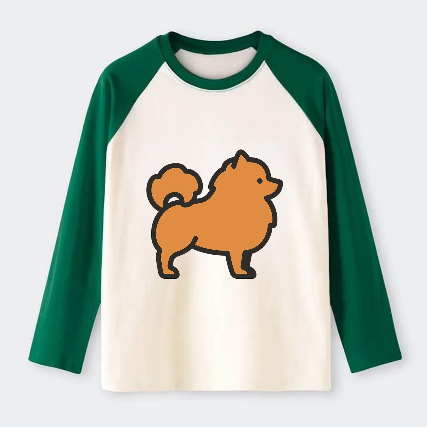 Pomeranian - Orange fluffy flat side profile - Raglan Long Sleeve T-Shirt - Green