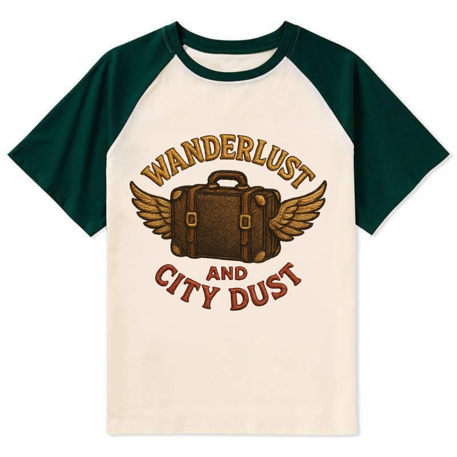 Wanderlust And City Dust  - Contrast Raglan T-shirt - Green