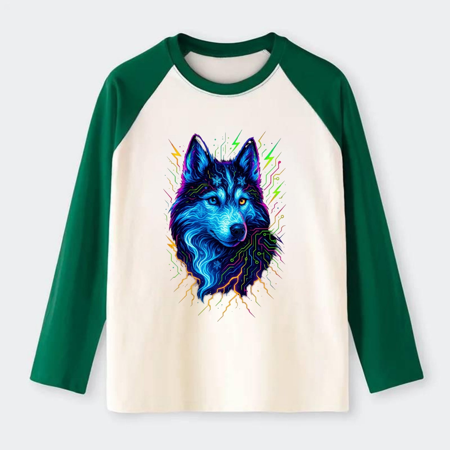 Siberian husky with ice-crystal flowing patterns, electric blue and - Raglan Long Sleeve T-Shirt - Green
