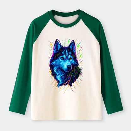 Siberian husky with ice-crystal flowing patterns, electric blue and - Raglan Long Sleeve T-Shirt - Green