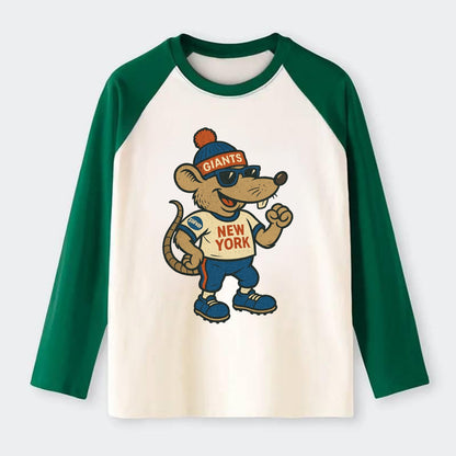 New York Rat wearing Giants beanie with subway patch and wayfarer - Raglan Long Sleeve T-Shirt - Green