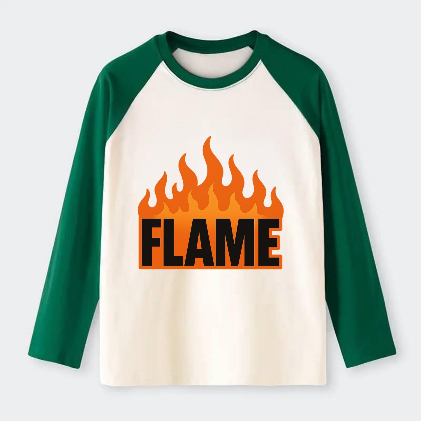 Bold typography design - "FLAME" - burning bright, passionate - Raglan Long Sleeve T-Shirt - Green
