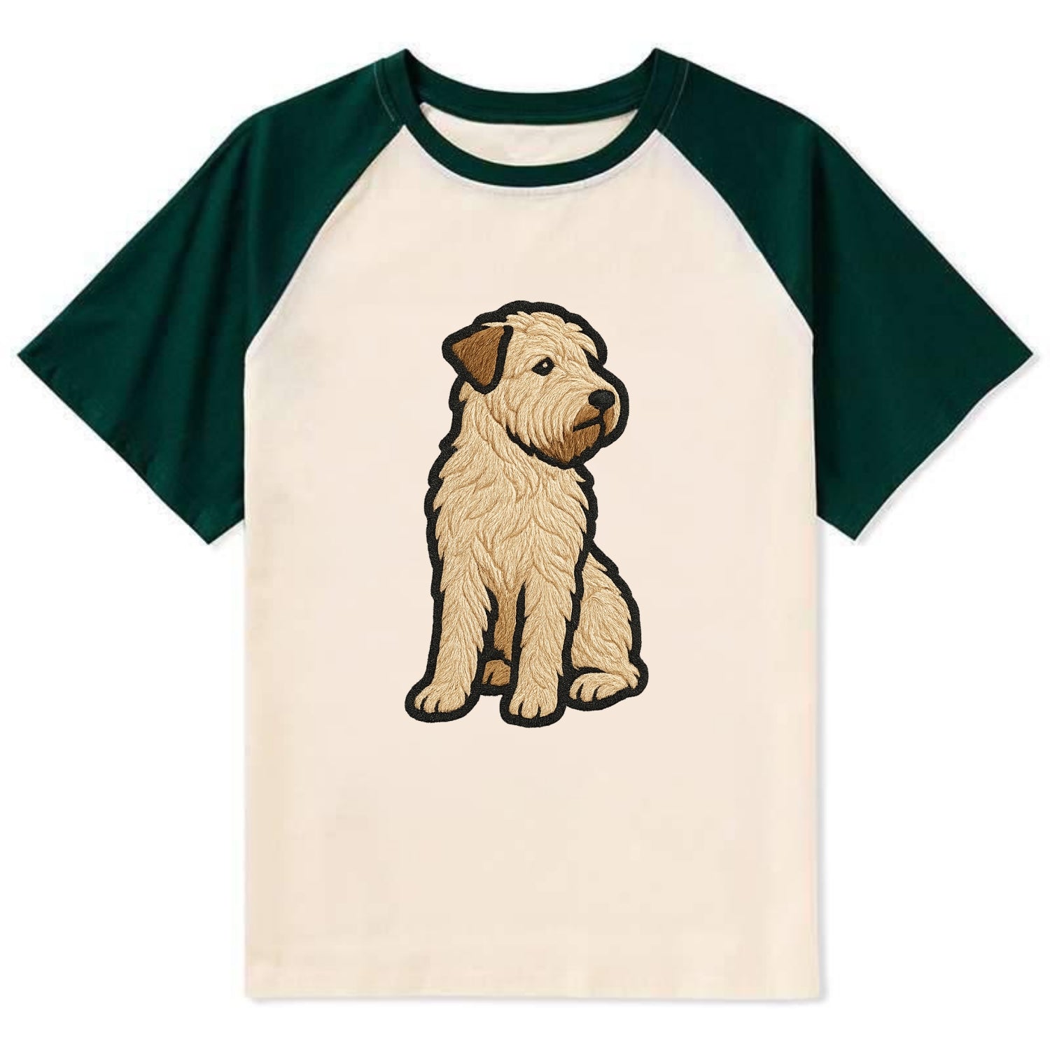 Soft Coated Wheaten Terrier - Light tan flowing coat embroidered pose - Contrast Raglan T-shirt - Green
