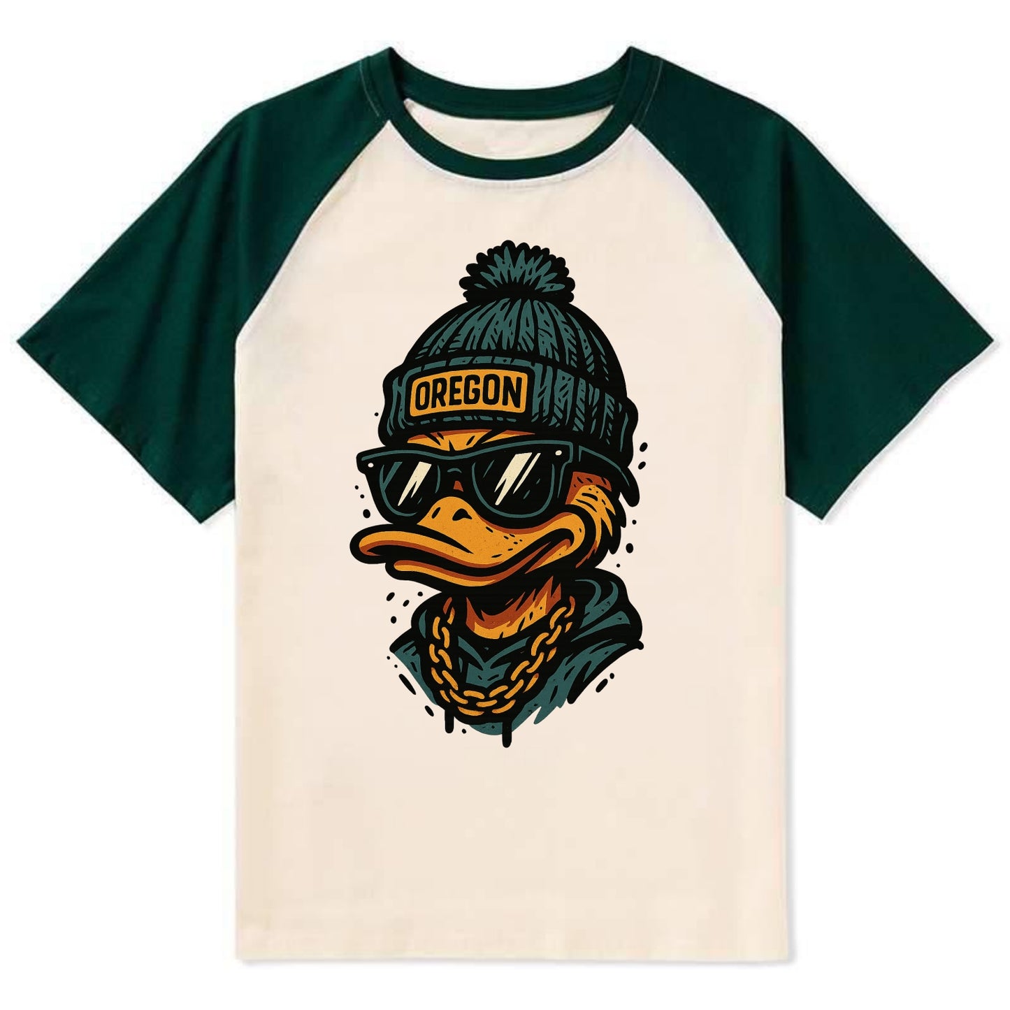 Eugene Duck wearing Oregon beanie with p - Contrast Raglan T-shirt - Green