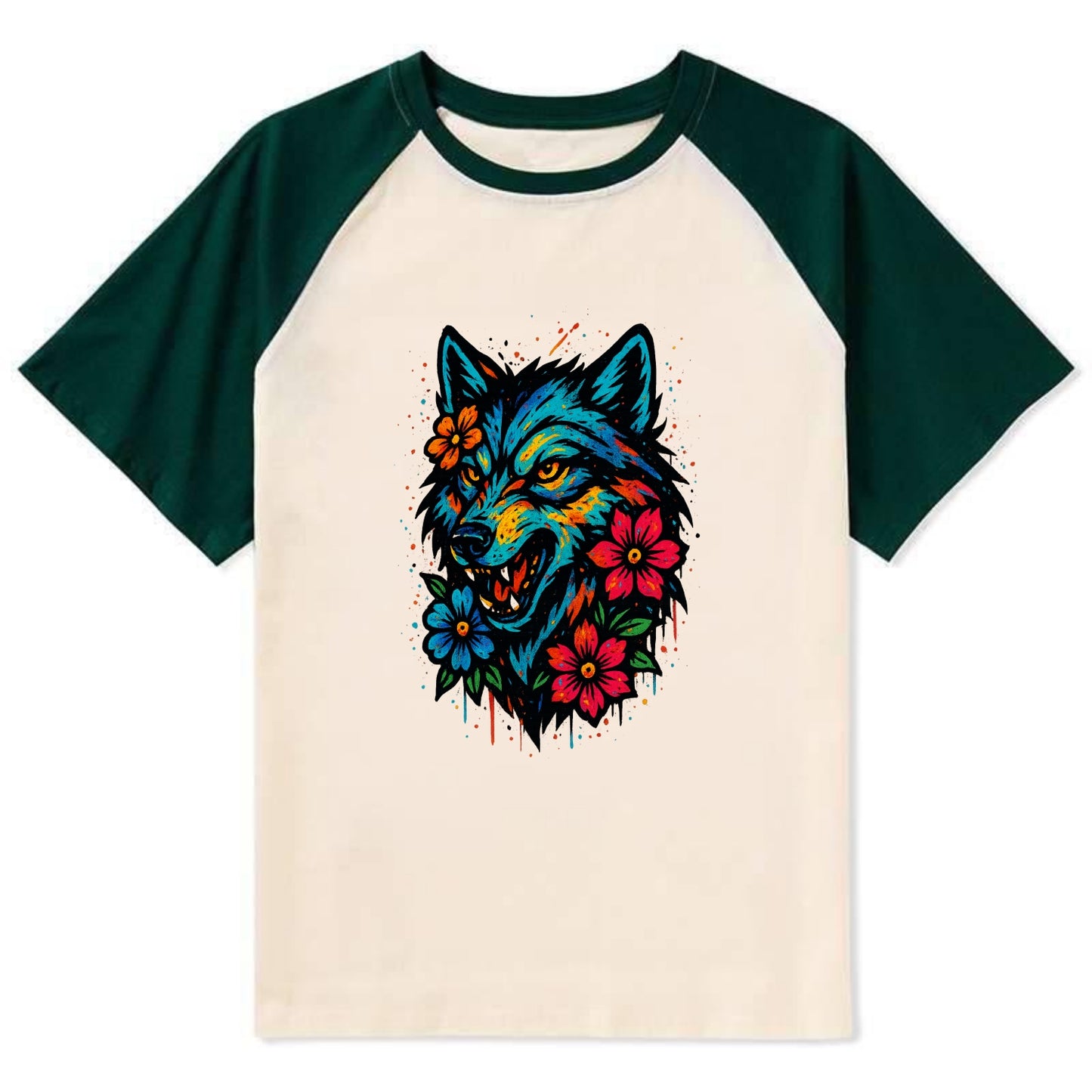 Floral Wolf Garden  - Contrast Raglan T-shirt - Green