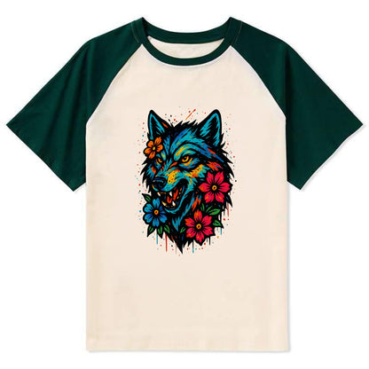 Floral Wolf Garden  - Contrast Raglan T-shirt - Green