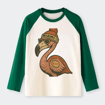 Miami Flamingo wearing Miami beanie with pom pom and wayfarer - Raglan Long Sleeve T-Shirt - Green